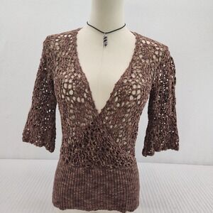 Intutions Brown Crochet Knit Top Wrap‎ Front 3/4 Sleeve Medium